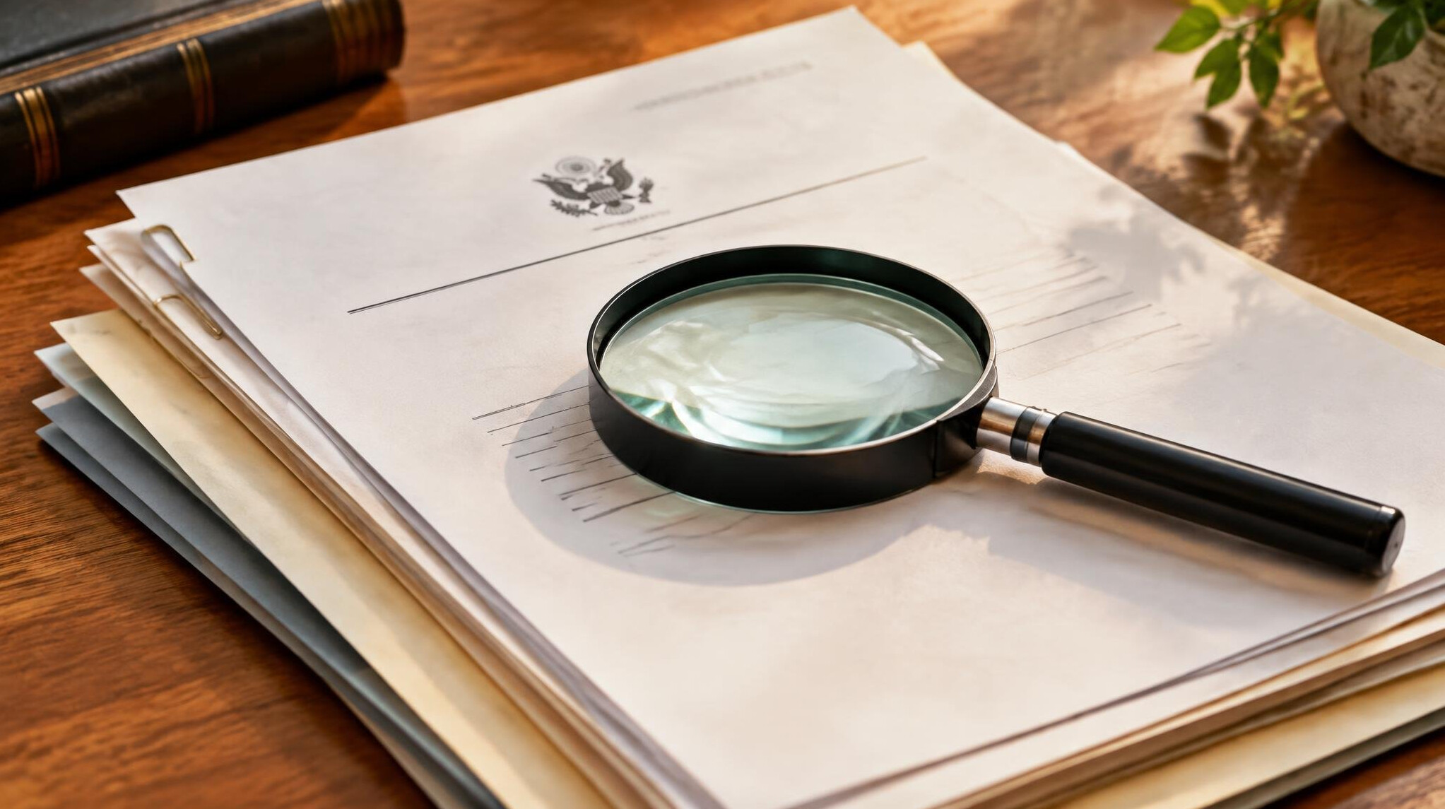 Stack of documents with a magnifying glass on a desk