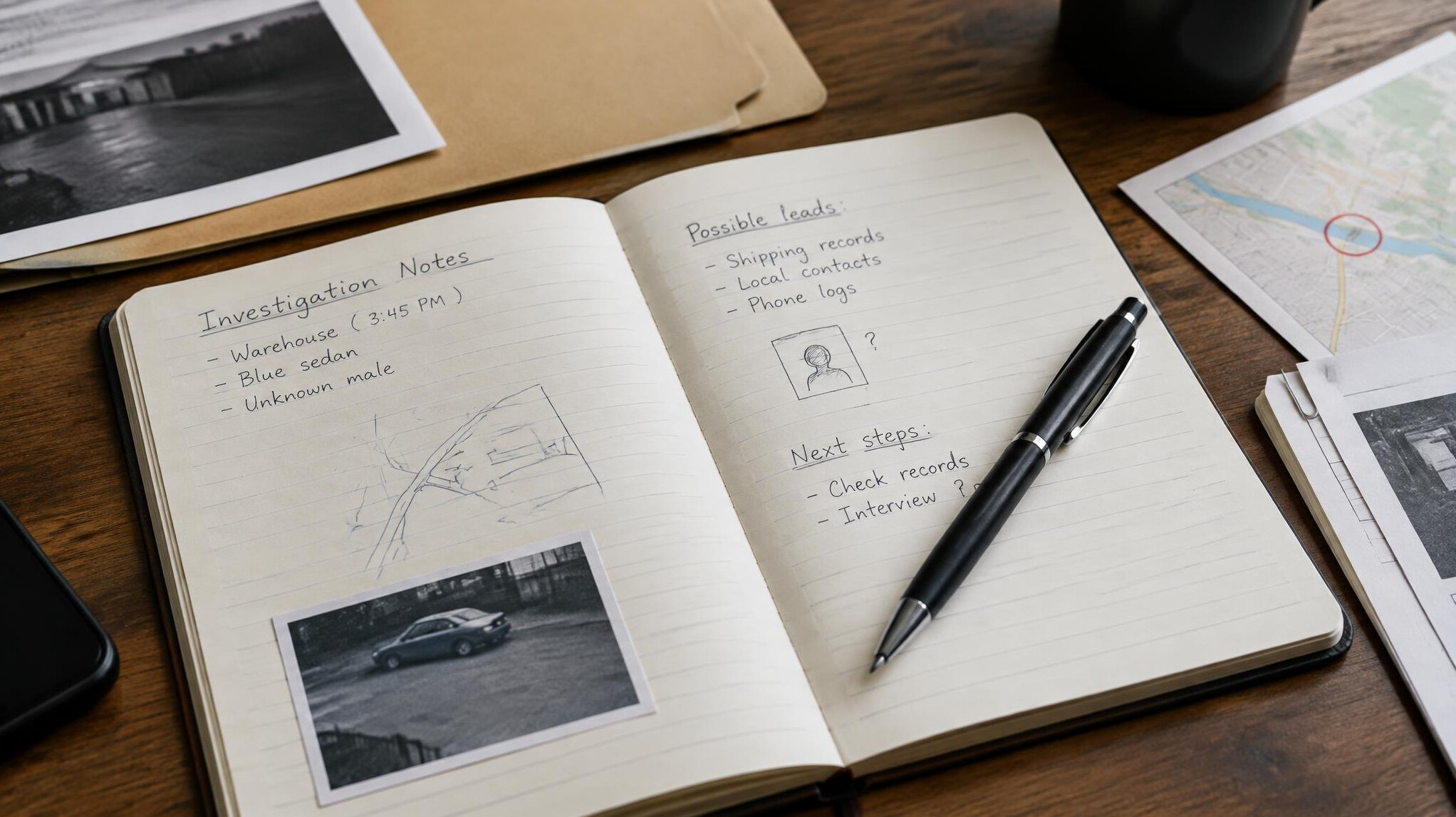 Open notebook with handwritten investigation notes and a pen