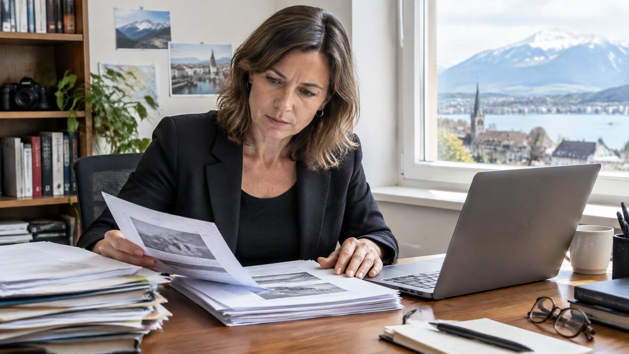 Journalist reviewing documents at a desk with a laptop