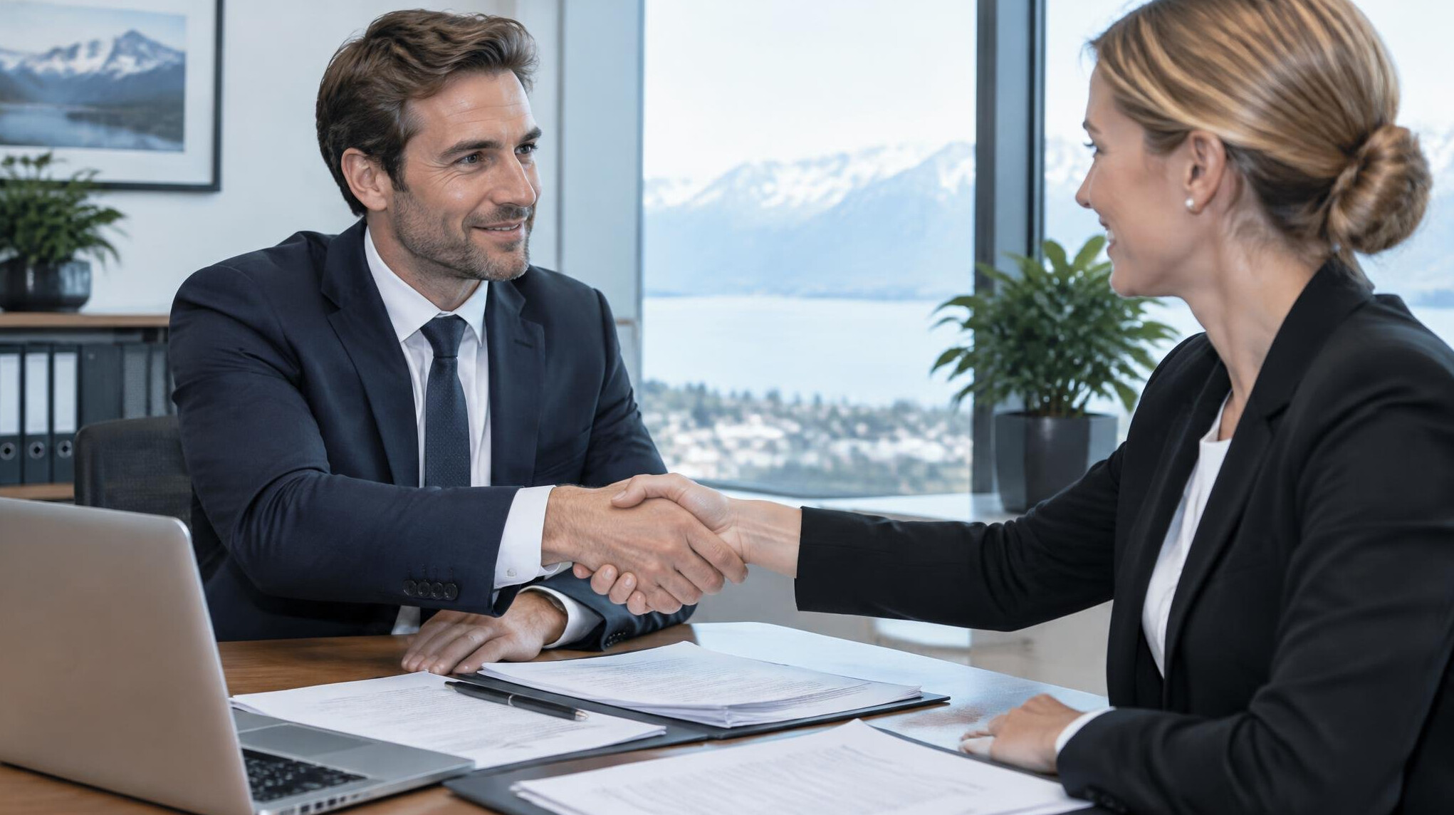 Two colleagues shaking hands over a desk with documents