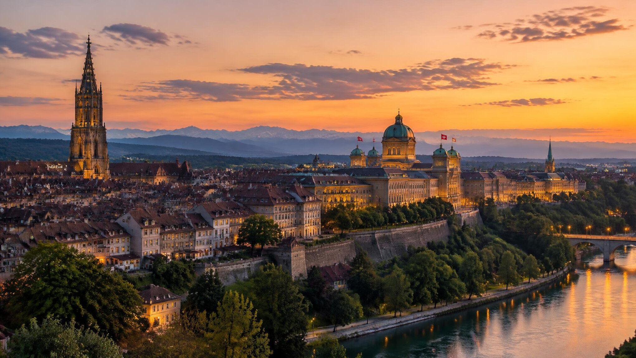 City skyline of Bern at dusk with government buildings