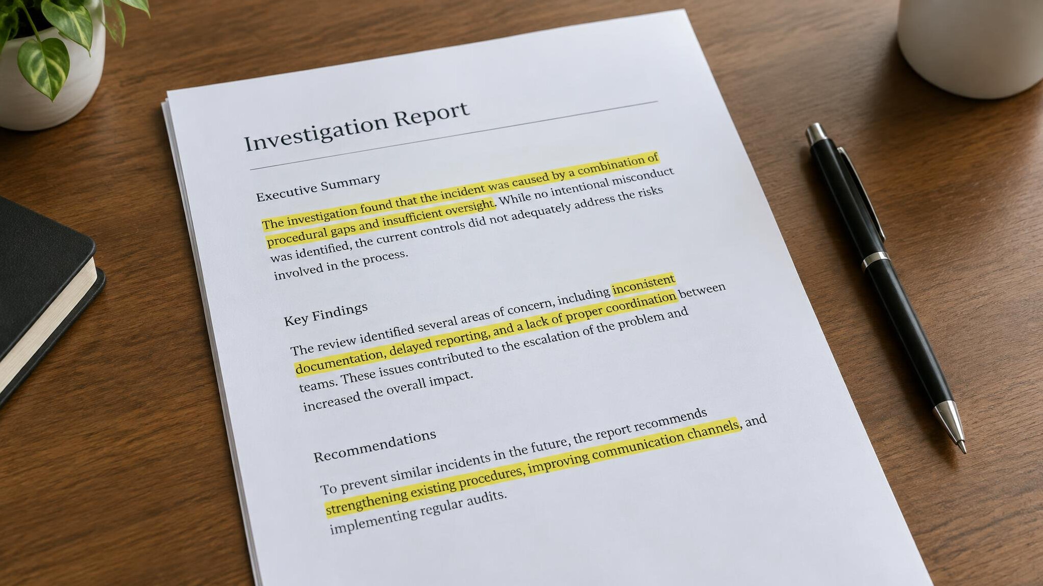 Printed investigation report with highlighted paragraphs