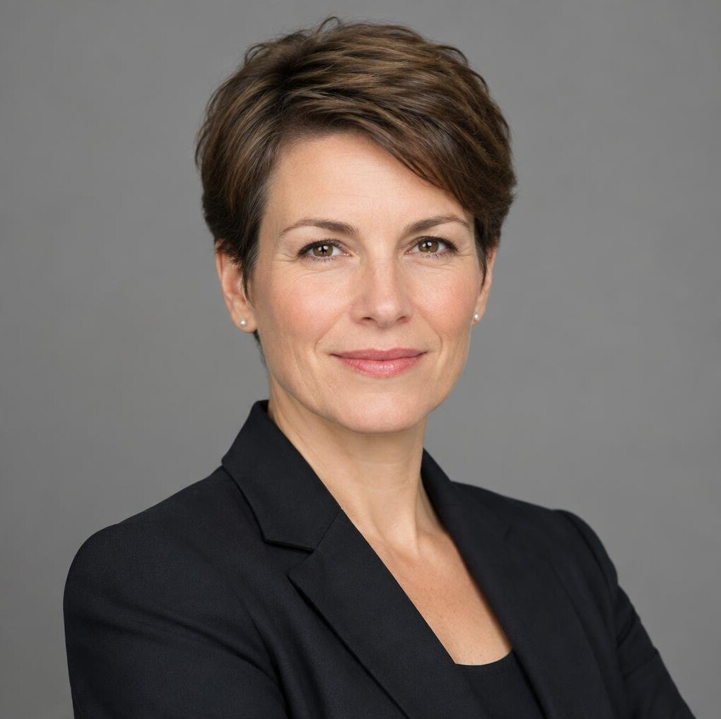 Studio portrait of a Swiss woman journalist with short hair